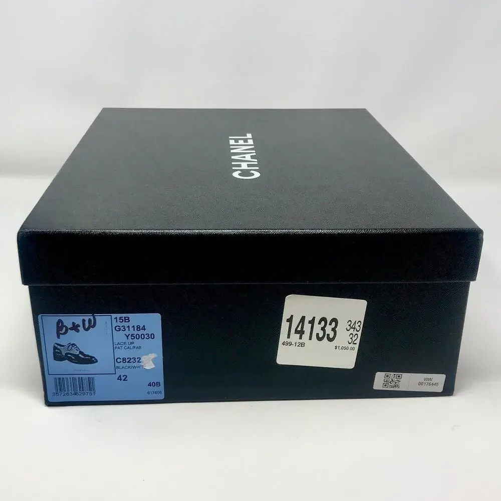 🪄100% Auth CHANEL Chunky Black Patent Pinstripe Lace Up Oxford Shoes sz 42 12 - Picture 9 of 14